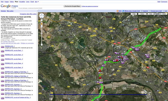 Visualisation de la Carte des nuisance tracé vert A104 avec Google Maps