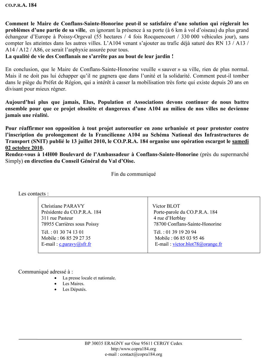 Communiqué de Presse COPRA184 24septembre 2010 en réponse aux déclarations du maire de Conflans Communiqué de presse COPRA 184 du 24 septembre 2010