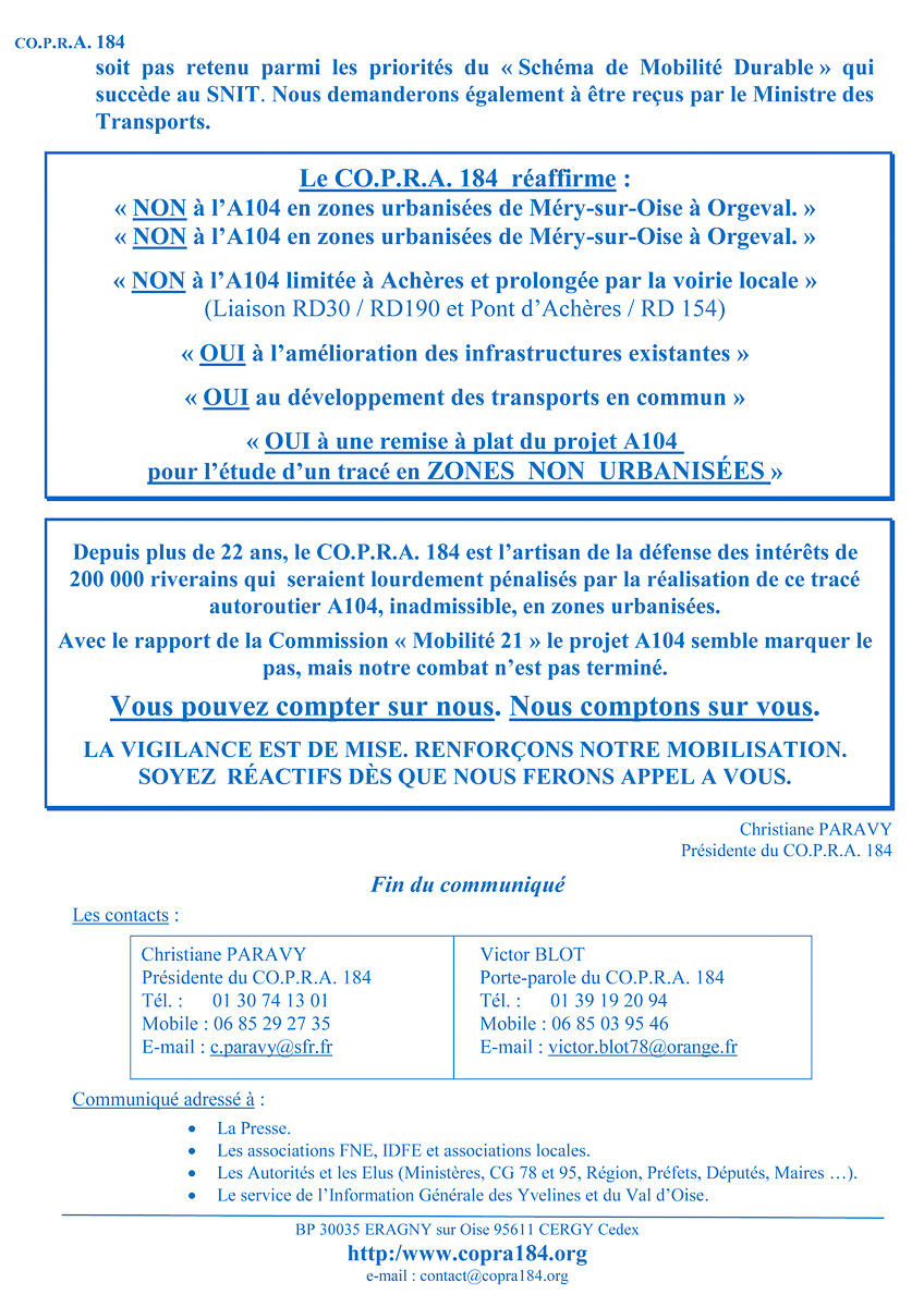 Mobilité 21 : le projet A104 n'est pas abandonné Communiqué de presse COPRA 184 du 30 juin 2013 - Verso