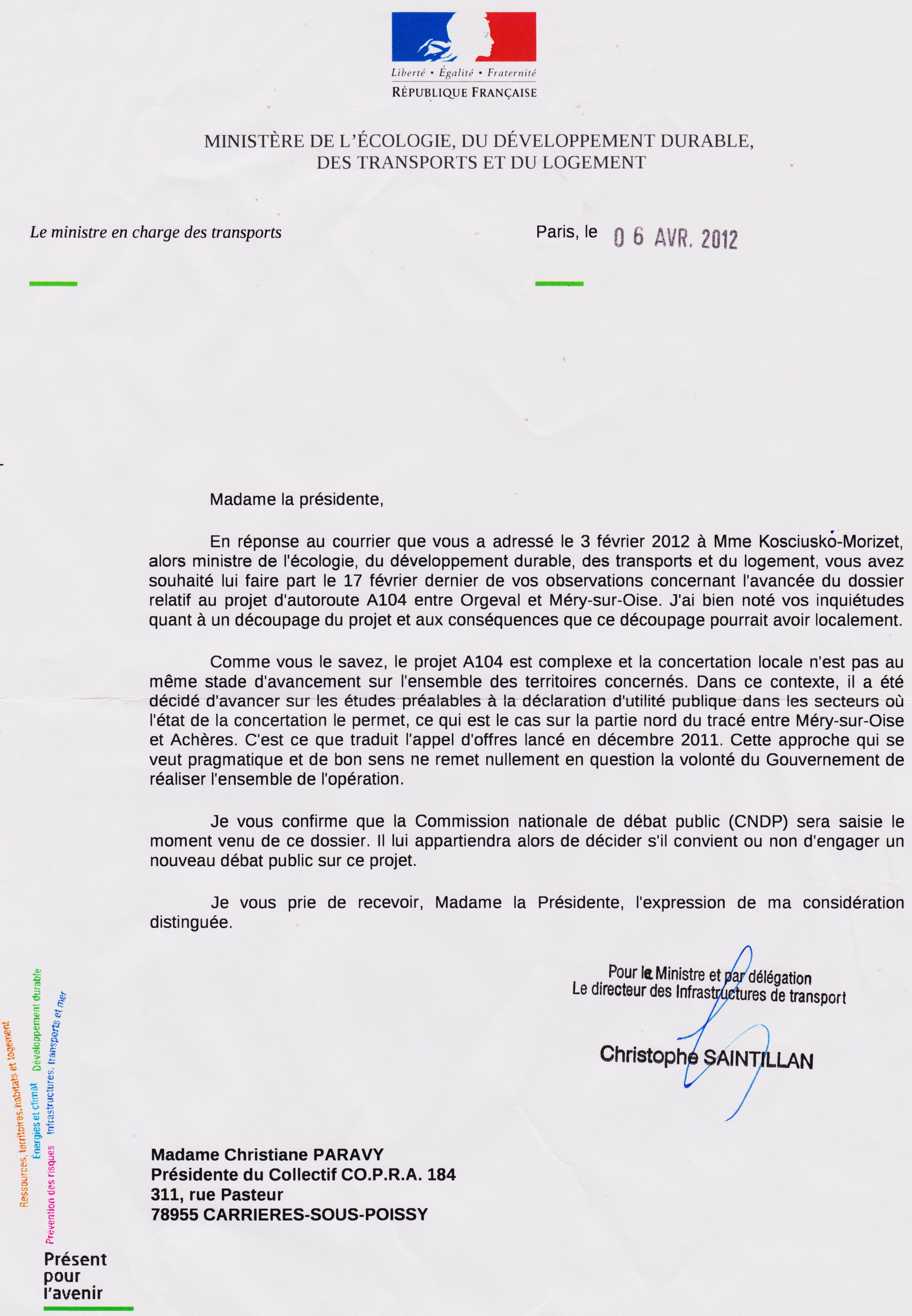 Réponse du Directeur des Infrastructures e Transpor Réponse du Directeur des Infrastructures e Transport