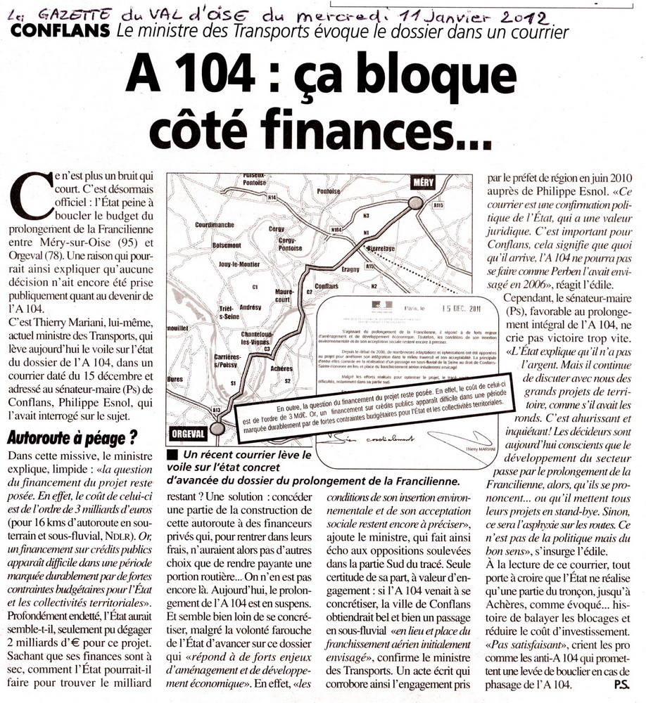 A 104:ça bloque côté finances La Gazette du Val d'Oise du mercredi 11 janvier 2012