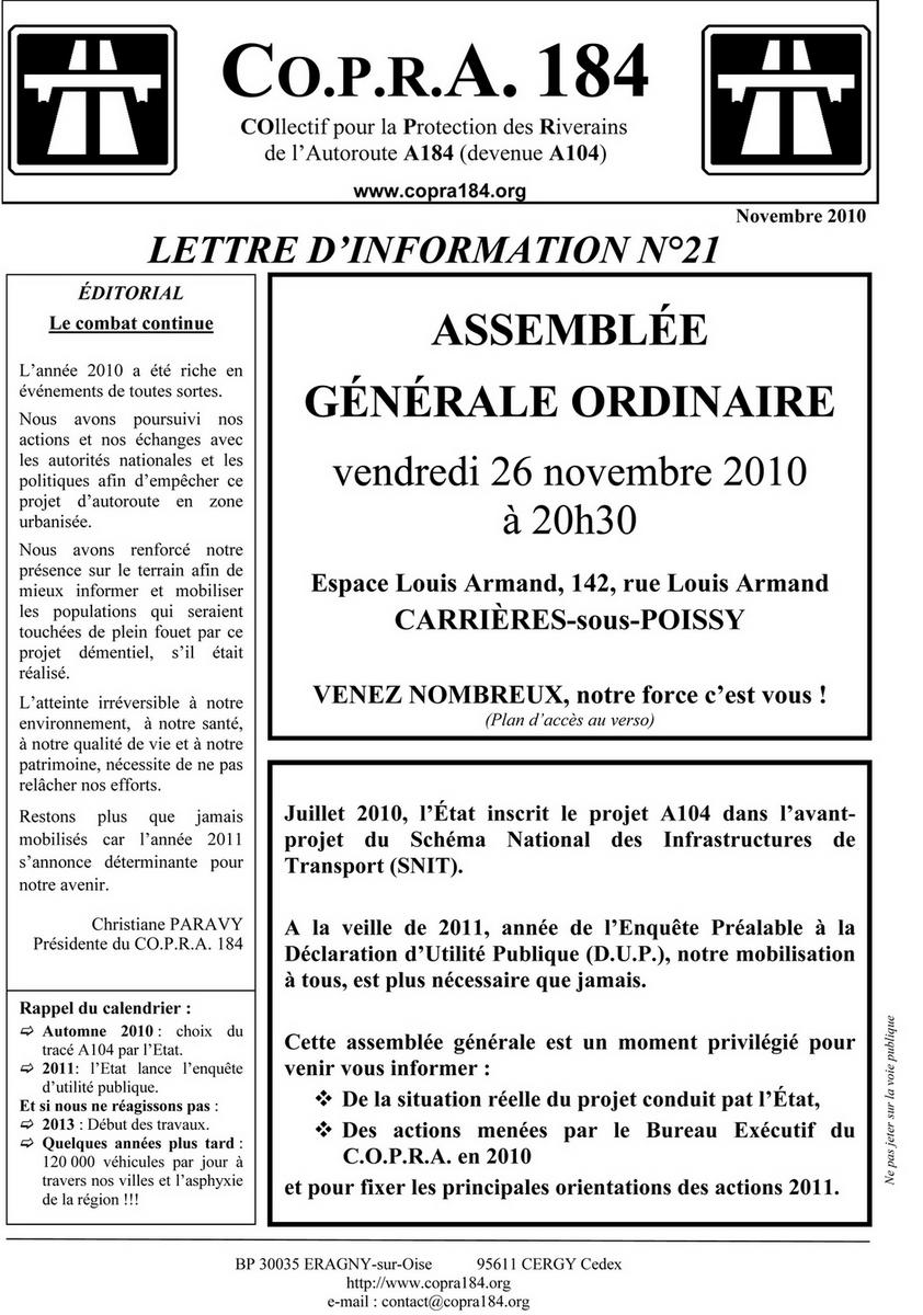 Appel à l'AGO 2010 Letre COPRA 184 N°21 -recto