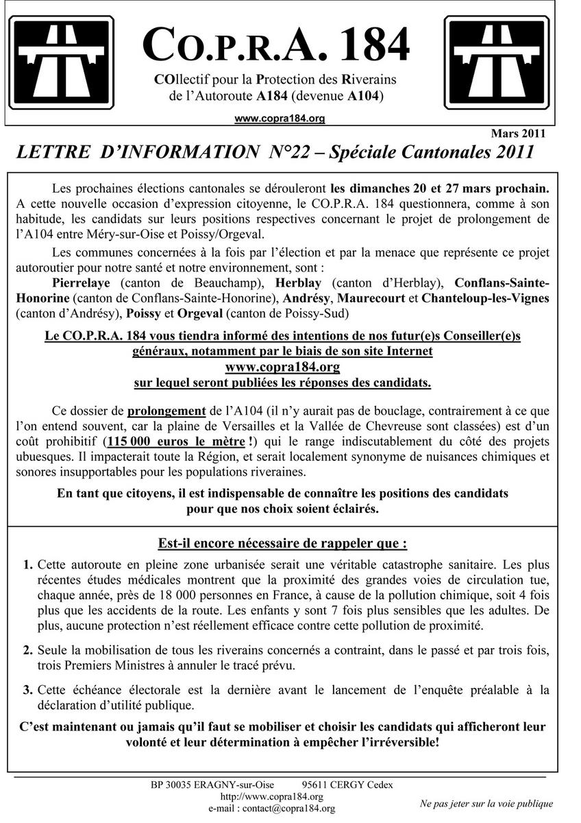 cantonales 2011 _ Questionnement des candidats Lettre CO.P.R.A. 184 n° 22 _ Recto