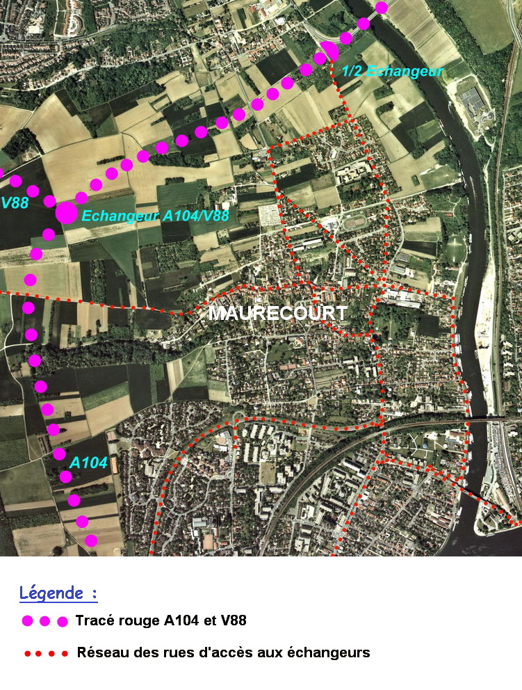 Représentation du tracé "rouge" A104 et du V88 sur la ville de Maurecourt