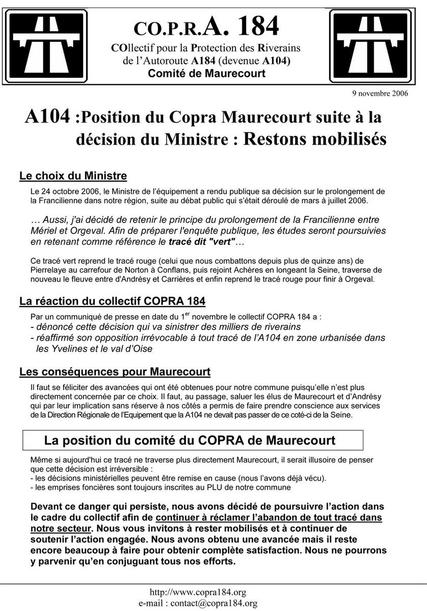 Position du COPRA Maurecourt à l'issue du choix du tracé"vert"